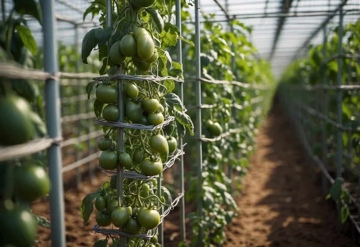 Tomato plants growing tall within sturdy wire cages, serving as trellises for climbing vines. Surrounding the cages are various vegetables and flowers, creating a vibrant and productive garden display