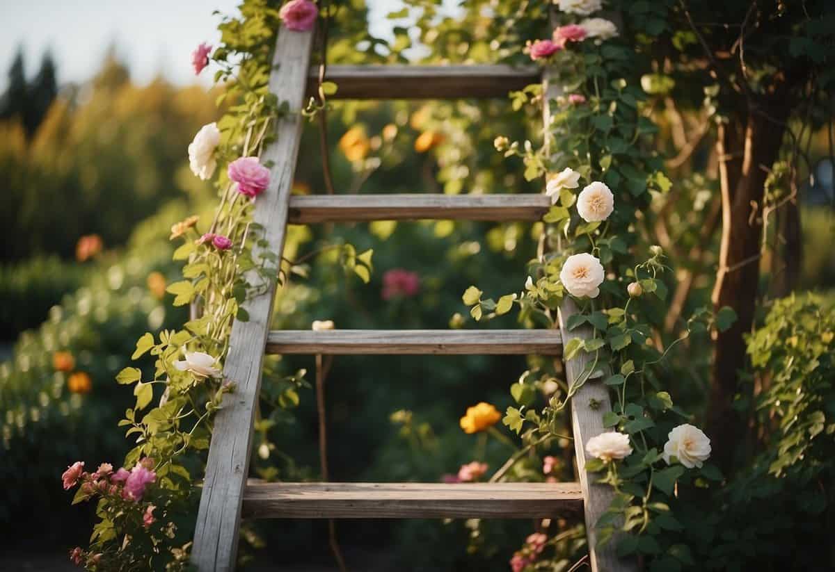 A rustic ladder stands in a garden, adorned with climbing vines and flowers, creating a beautiful trellis