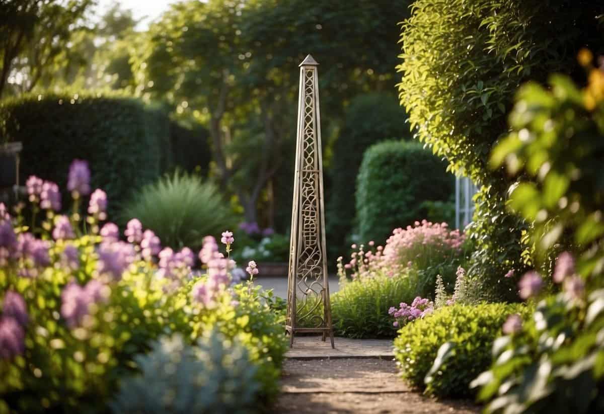 A metal obelisk trellis stands tall in a lush garden, adorned with climbing plants and flowers, creating a beautiful and functional focal point