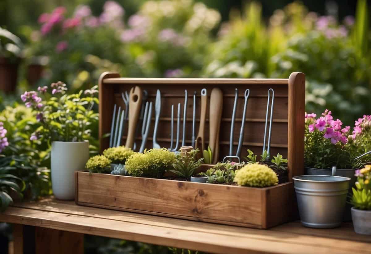 A wooden garden tool organizer stands in a lush garden, filled with various gardening tools and surrounded by blooming flowers and thriving plants