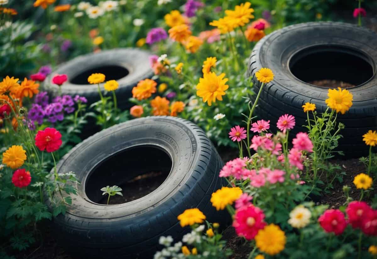 A vibrant tyre garden bursting with colorful flowers and thriving greenery, showcasing the environmental benefits of repurposing old tires for sustainable gardening