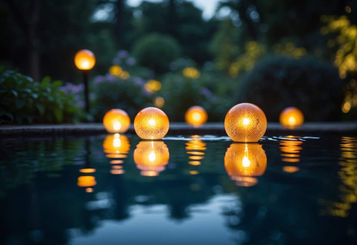 Colorful floating pool lights illuminate a tranquil garden oasis, casting a warm glow on the water's surface and surrounding foliage