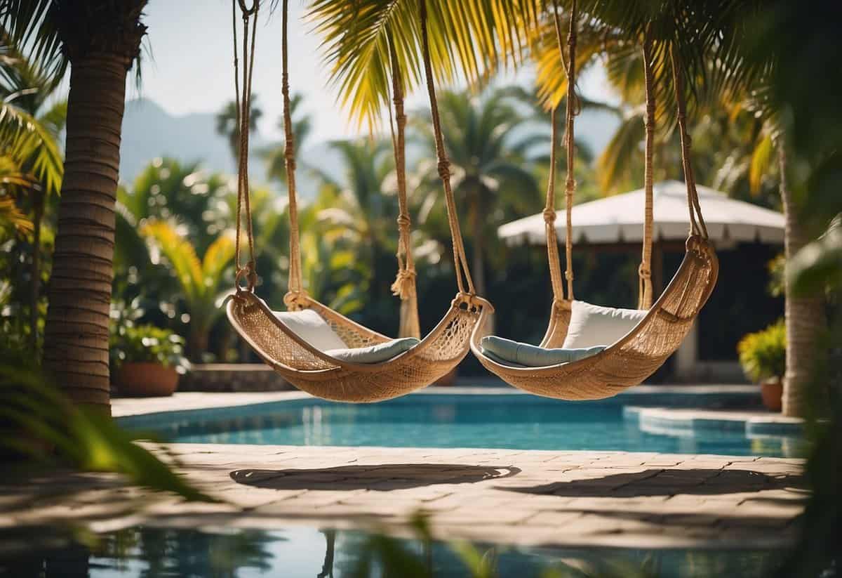 Two hammock swing chairs hang between palm trees by a pool in a lush garden setting