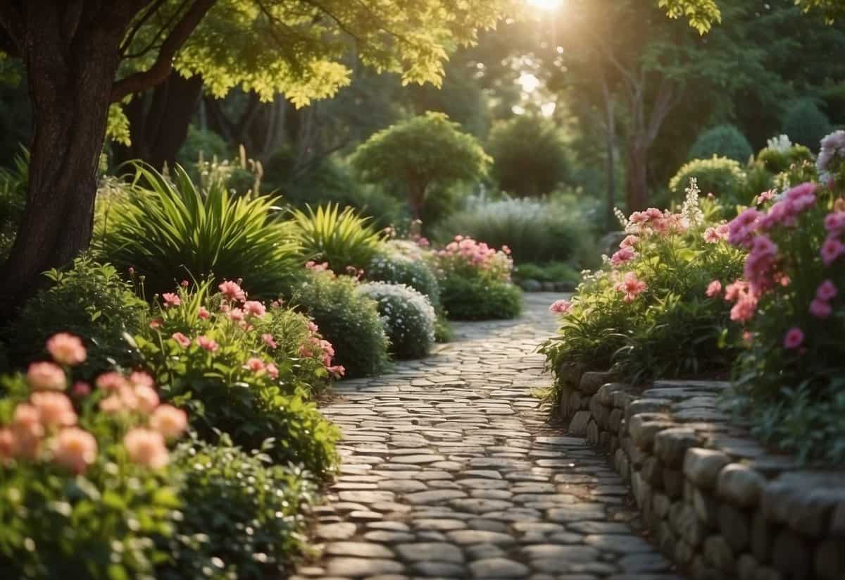 A winding stone pathway leads to a tranquil pool surrounded by lush greenery and vibrant flowers. Tall trees provide shade, while the sunlight dances on the water's surface