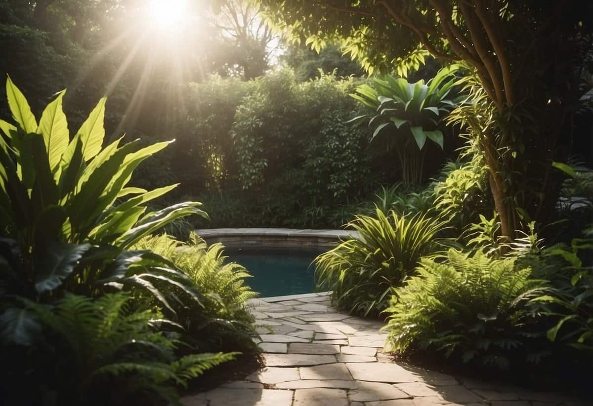 A lush poolside garden with tall, leafy plants forming a natural privacy wall. Sunlight filters through the greenery, casting dappled shadows on the water