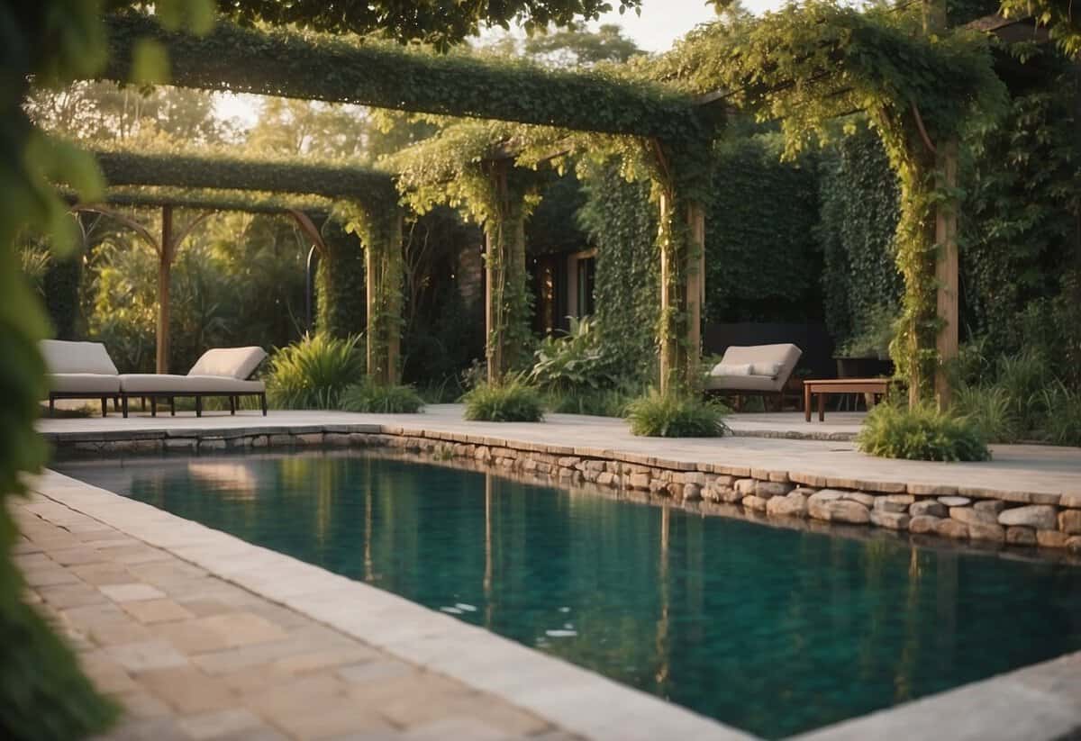 A pergola covered in lush climbing vines stands beside a serene pool in a beautifully landscaped garden