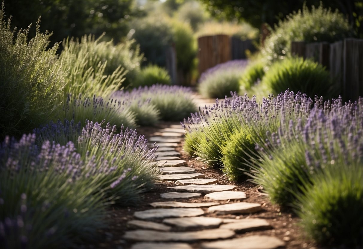 A winding stone path weaves through a lush herb garden, bordered by fragrant lavender and thyme, with rustic wooden signs marking each plant