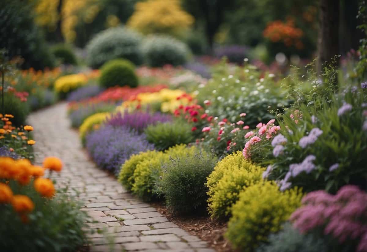 A winding garden path bordered by vibrant flower beds