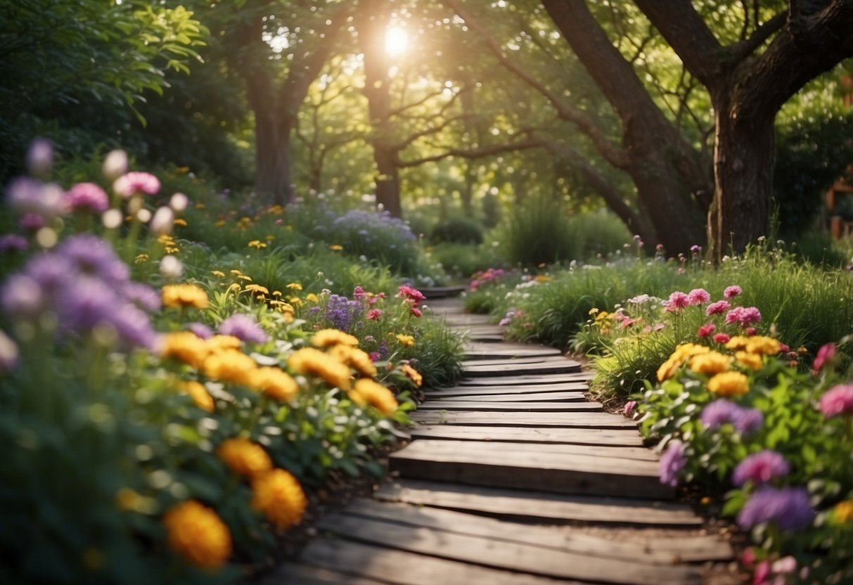 A winding garden path made of weathered wood planks, surrounded by lush greenery and colorful flowers