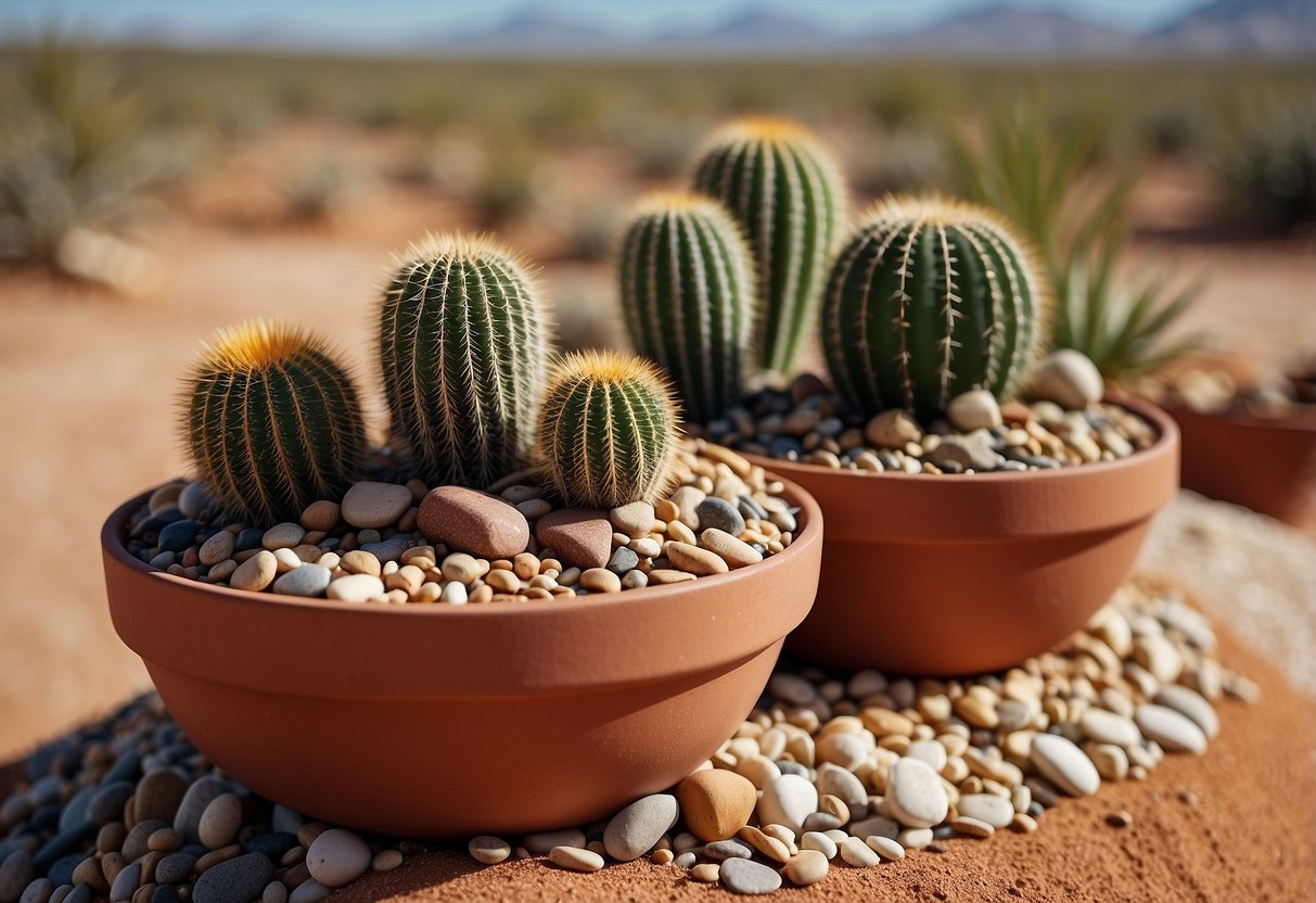 A variety of cacti arranged in a terracotta pot with colorful pebbles and sand, set against a backdrop of desert landscape