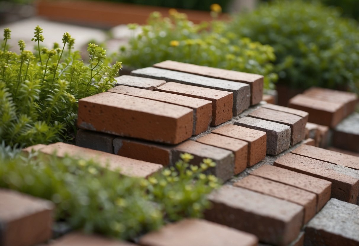 A variety of bricks are laid out in a garden, showcasing different options for landscaping and design