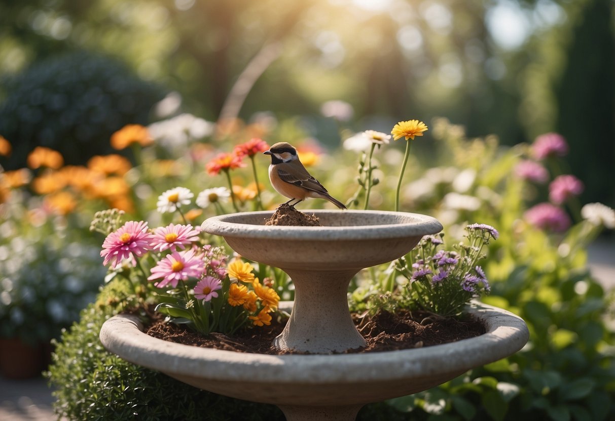 A garden filled with colorful flowers and plants that attract butterflies, with a bird feeder and bath nearby