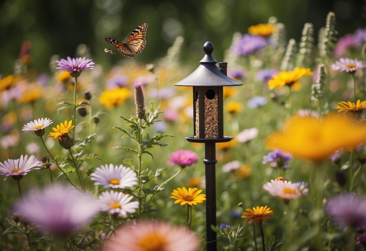 A vibrant wildflower meadow with bird feeders, birdbaths, and nesting boxes nestled in the corners, surrounded by colorful blooms and fluttering butterflies