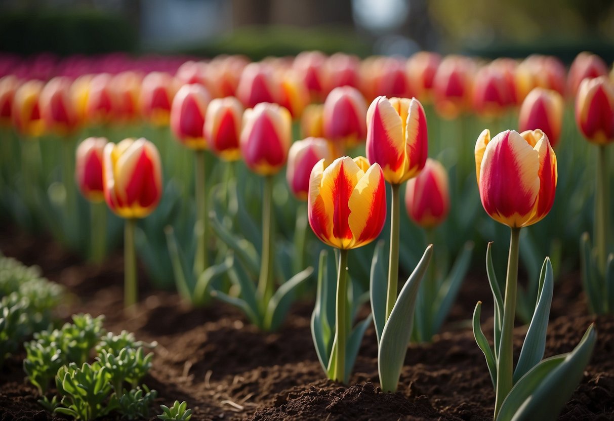 Tulip bulbs are being planted in a geometric pattern, creating a vibrant and colorful tulip garden design