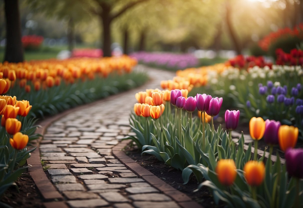 A winding walkway lined with vibrant tulips in full bloom, creating a colorful border and inviting path through the garden