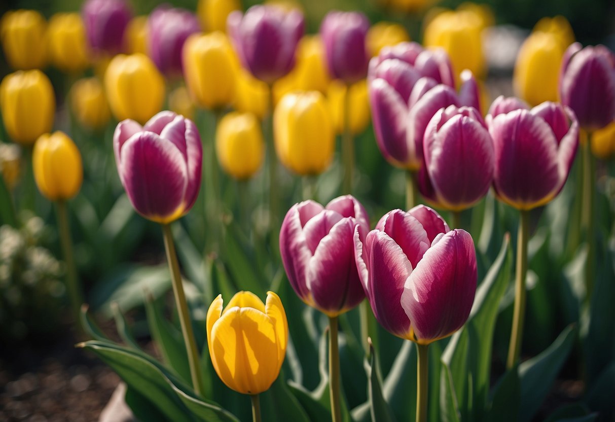 Tulips and seasonal flowers blend in a vibrant garden bed, creating a colorful and lively display