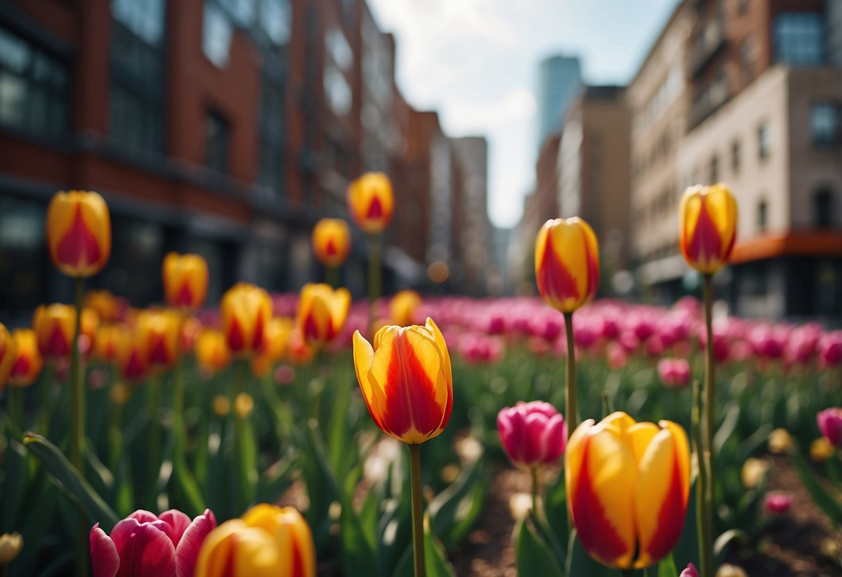 A vibrant tulip garden blooms in a small urban space, surrounded by colorful buildings and bustling city life