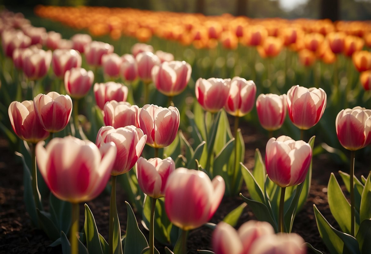 Vibrant tulips bloom in neat rows, surrounded by lush green foliage. A gentle breeze ruffles the petals, while the sun casts a warm glow over the garden