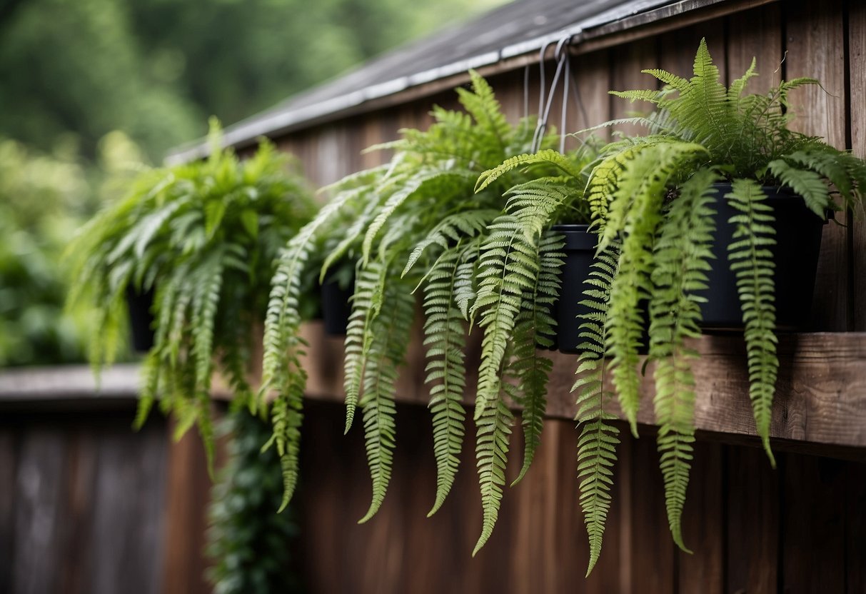 Lush ferns cascade from hanging planters around a rustic shed