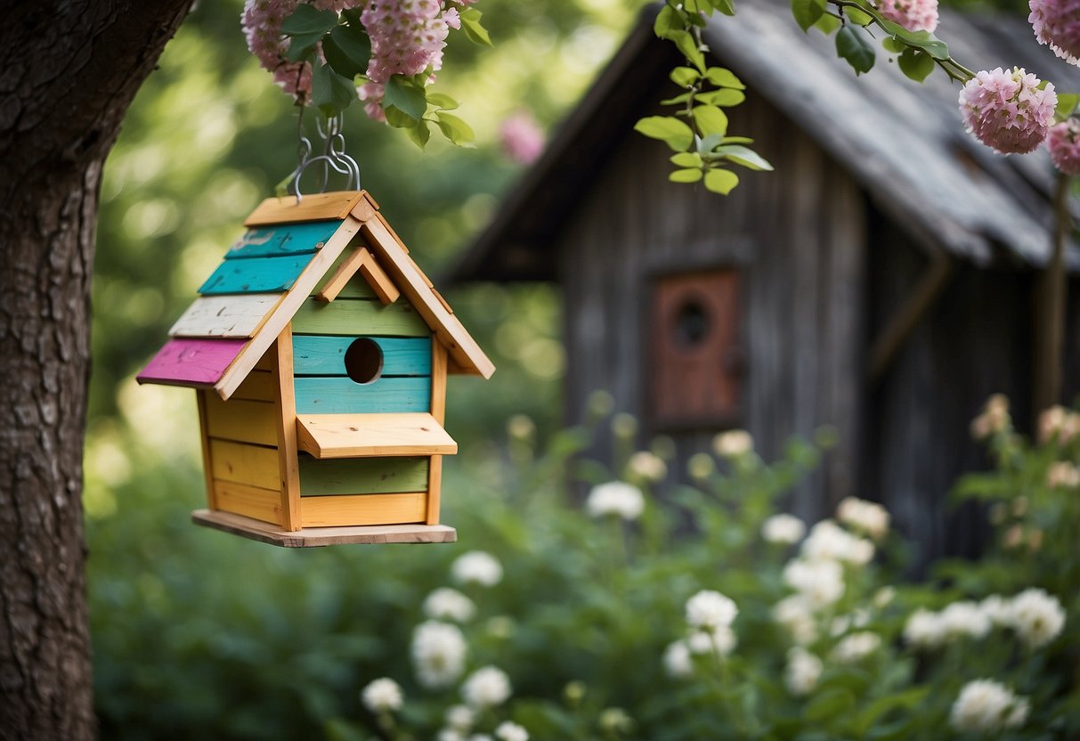 A colorful birdhouse hangs from a tree near a rustic shed, surrounded by blooming flowers and lush greenery