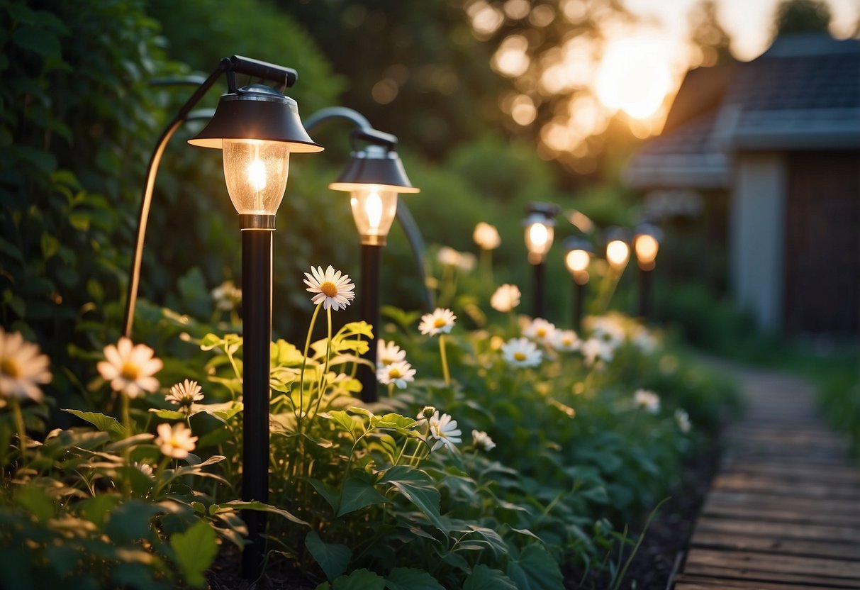 Solar-powered garden lights illuminate a shed surrounded by lush greenery and blooming flowers