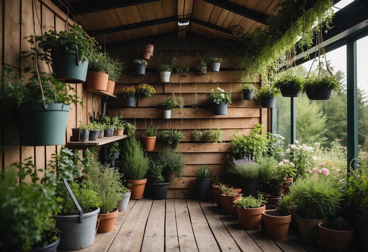 A shed with a vertical herb garden, pots hanging on the wall, surrounded by greenery and flowers