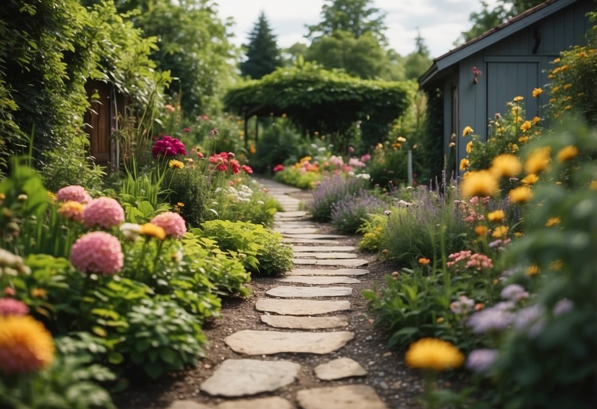 A winding stone path leads through a lush garden surrounding a shed, with vibrant flowers and greenery