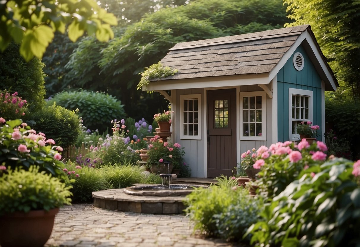 A small shed surrounded by a lush garden with a decorative water fountain as the focal point. Lush greenery and colorful flowers provide a peaceful and inviting atmosphere