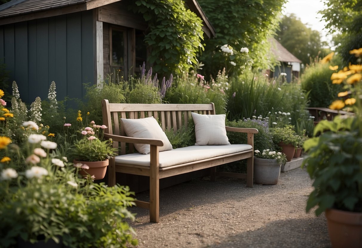 A cozy garden bench with cushions surrounded by lush greenery and flowers, nestled next to a charming shed