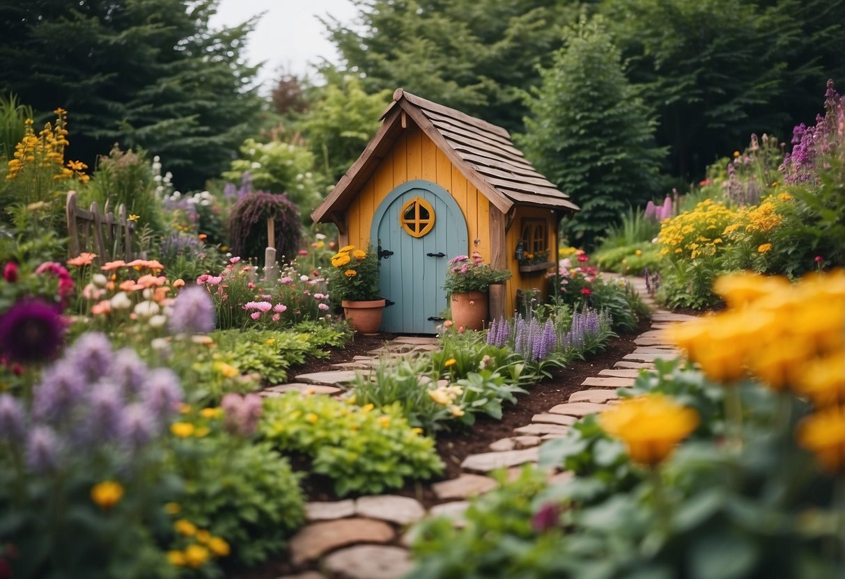 A rustic shed surrounded by colorful flower beds, winding pathways, and whimsical gnome homes in a lush garden