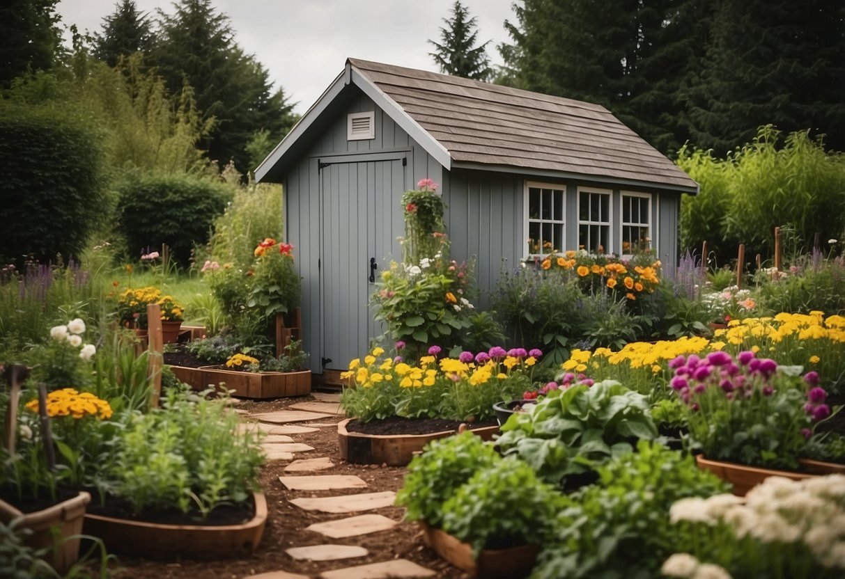 A shed surrounded by raised garden beds filled with colorful flowers, herbs, and vegetables. A small path leads to the shed, with garden tools neatly organized on the side