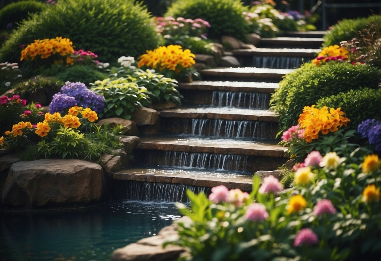 A multi-level garden with stepped water features cascading down varying levels, surrounded by lush greenery and colorful flowers