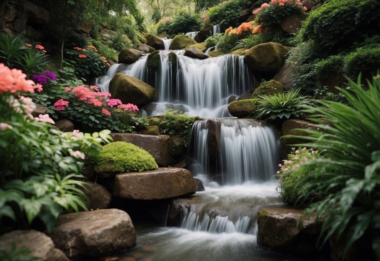 A cascading waterfall flows through terraced rock gardens, with vibrant flowers and lush greenery at each level