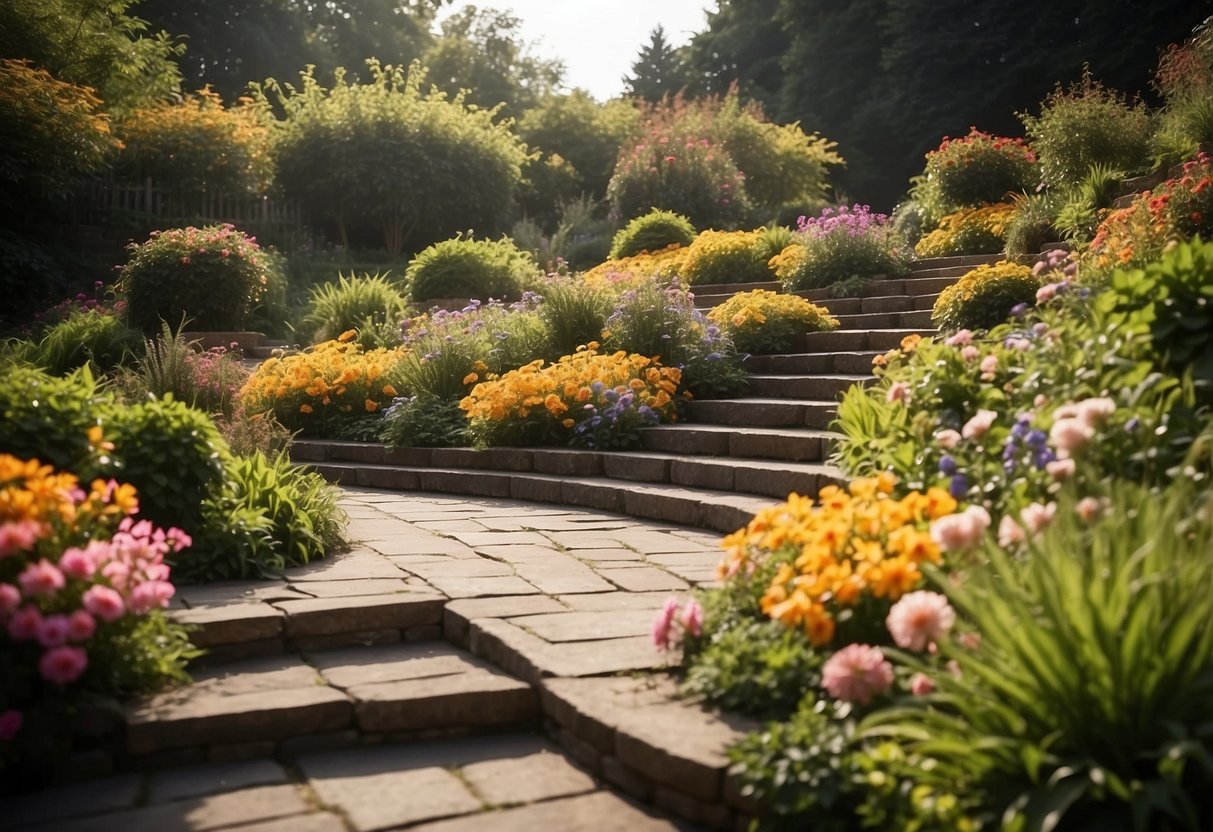 Terraced seating areas with lush greenery and colorful flowers on multiple levels, creating a beautiful and inviting garden space