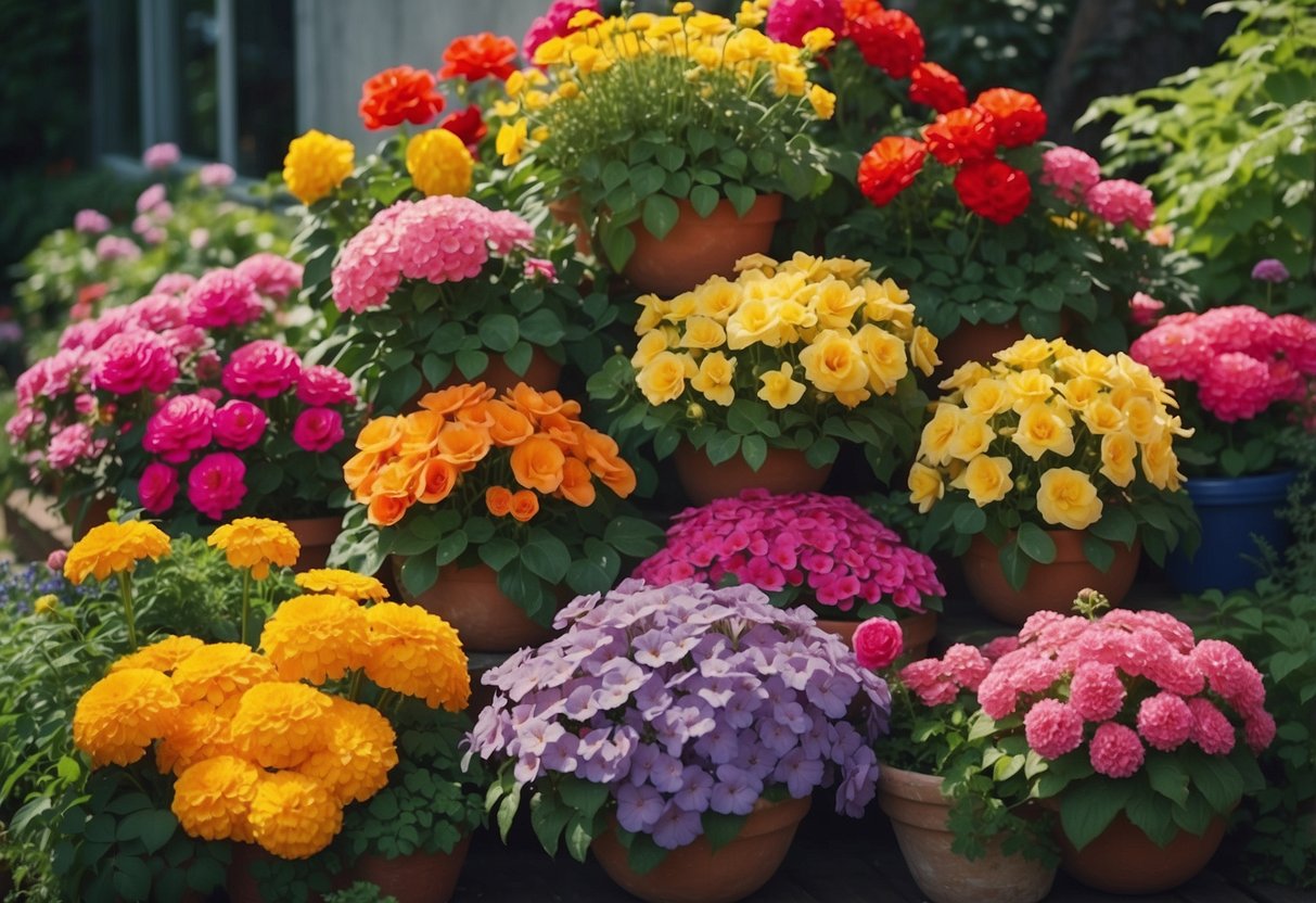 A variety of vibrant flowers cascade from hanging baskets, creating a multi-level garden display