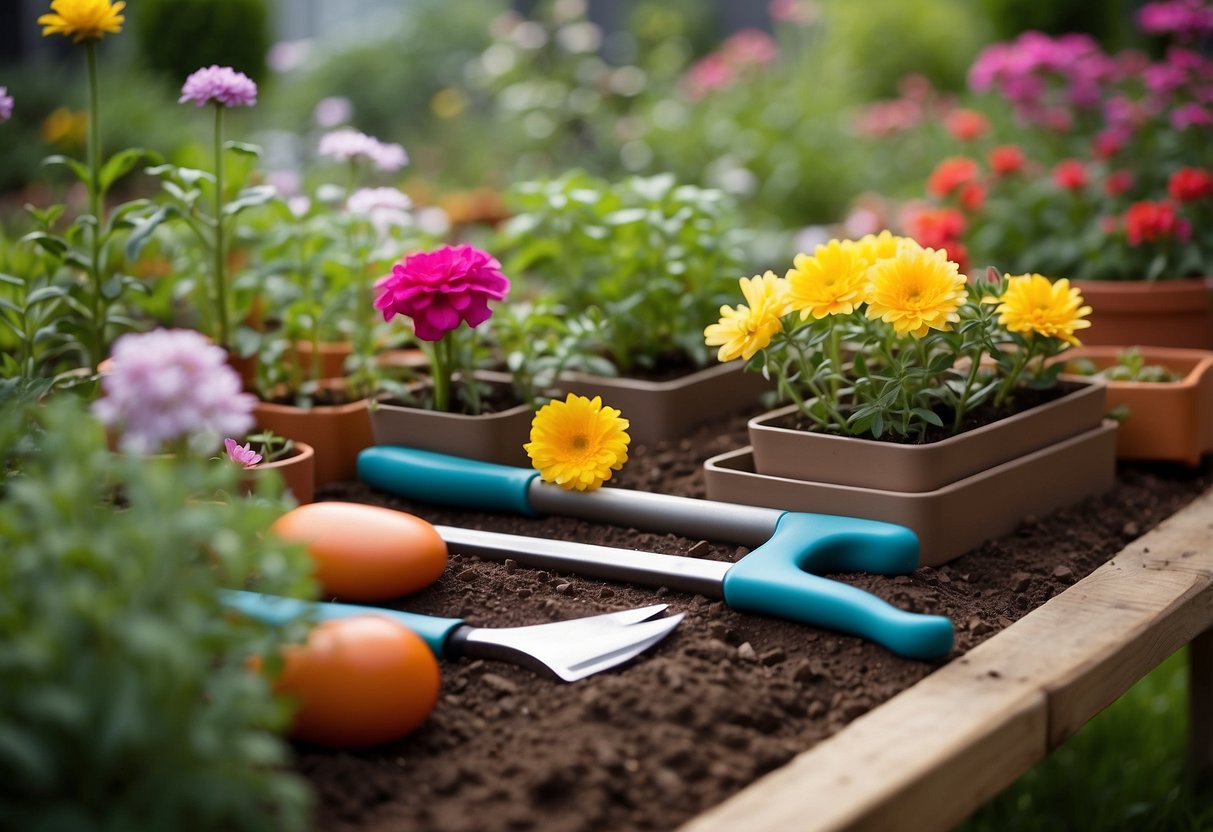 Colorful, ergonomic gardening tools arranged on a raised garden bed, surrounded by blooming flowers and potted plants