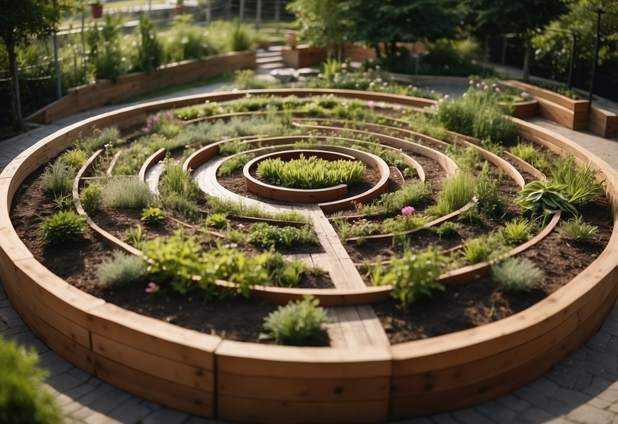 A winding herb spiral garden, accessible for elderly, with raised beds and a central water feature