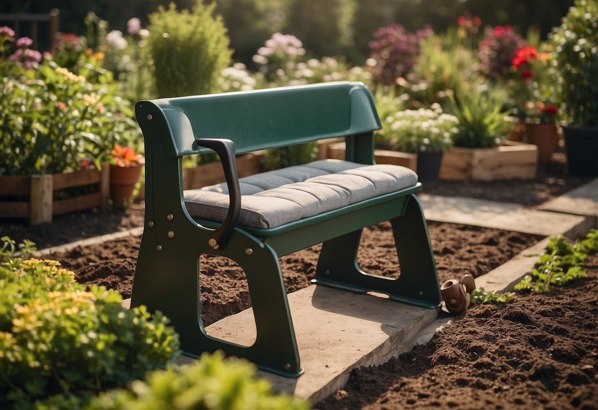 A garden kneeler with padded cushion and sturdy handles, surrounded by raised garden beds and accessible tools for elderly gardeners