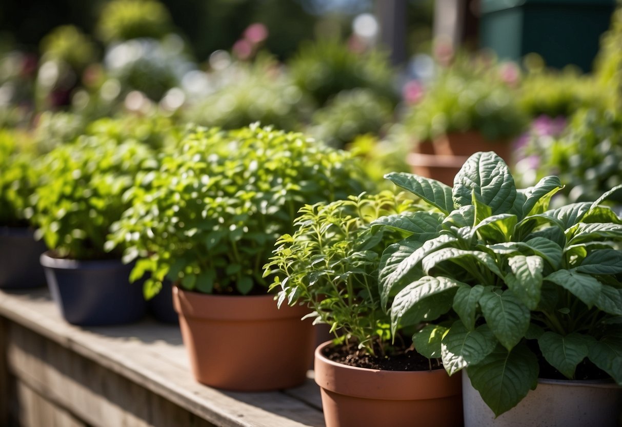 Lush green plants fill a variety of containers, from hanging baskets to raised beds, creating a vibrant and accessible garden space for elderly individuals