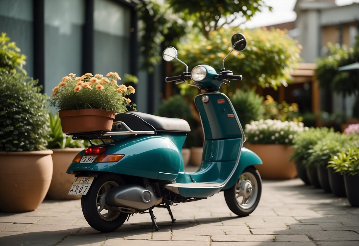 A garden scooter parked next to raised planters and easy-to-reach tools. A cozy seating area with shade and a water feature nearby