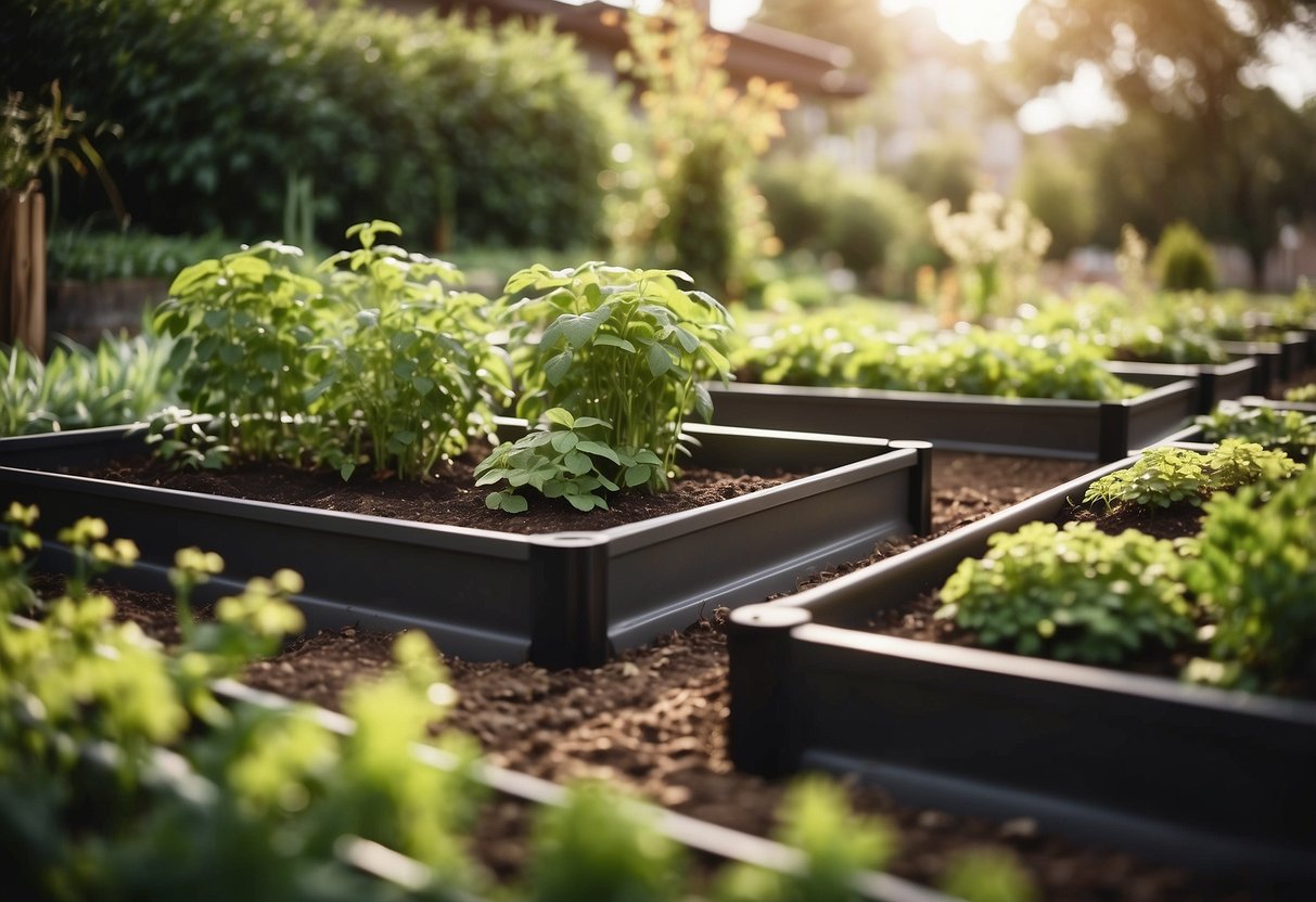 Lush garden with raised beds, connected to automatic drip irrigation system. Easy-to-reach plants and clear pathways for elderly