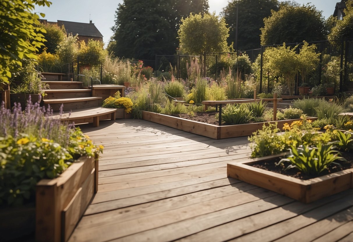 A garden with wide pathways, raised beds, and seating areas. Ramp access and handrails for easy mobility. Raised planters for easy reach