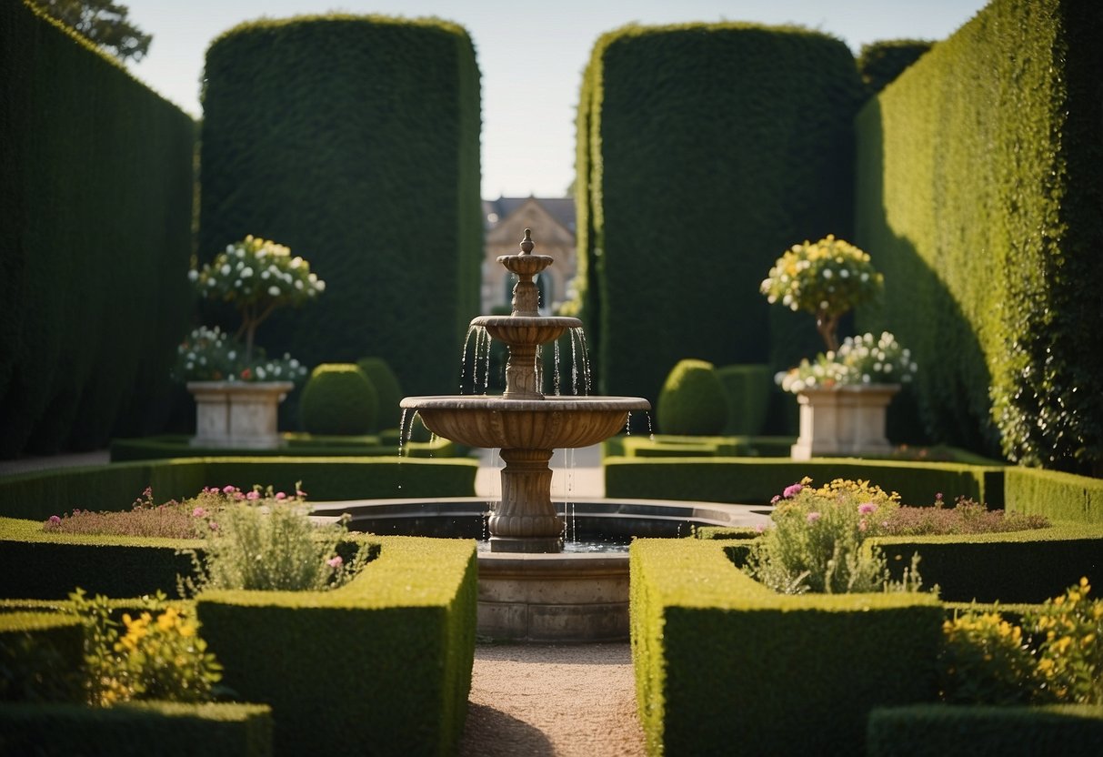 A grand Georgian garden with ornamental fountains as the centerpiece, surrounded by manicured hedges and symmetrical flower beds