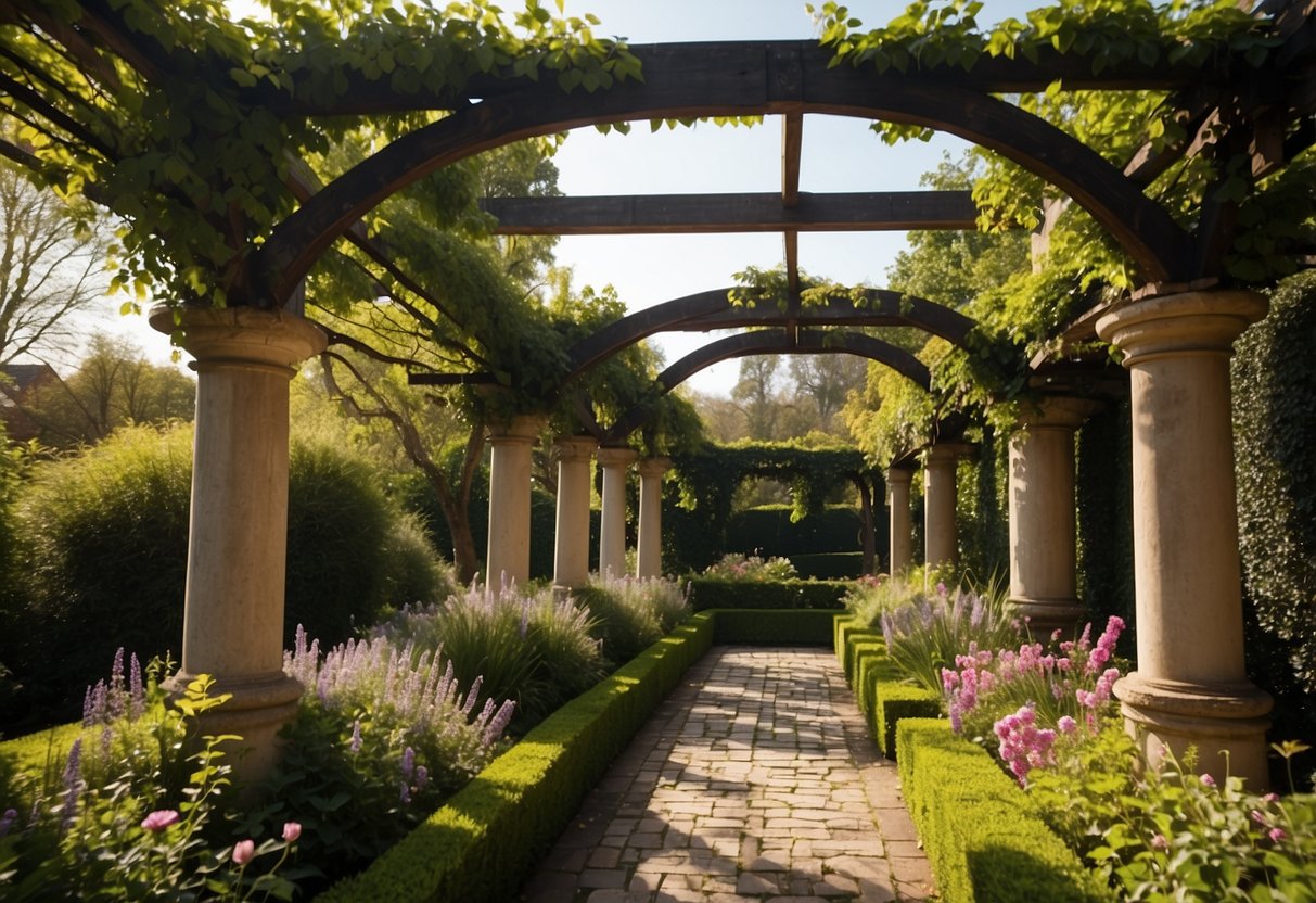 A rustic pergola stands in a lush Georgian garden, adorned with climbing vines and surrounded by blooming flowers and manicured hedges