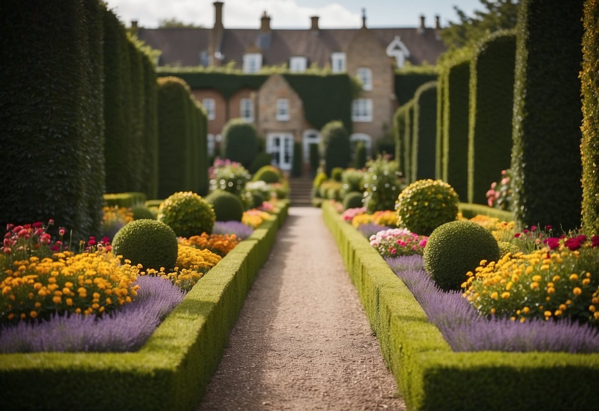 Colorful flower beds arranged in geometric patterns, surrounded by neatly trimmed hedges and pathways, creating a picturesque Georgian garden scene