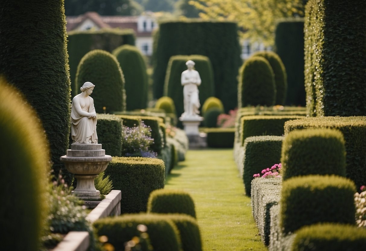 Stone statues adorn a lush Georgian garden, surrounded by manicured hedges and blooming flowers