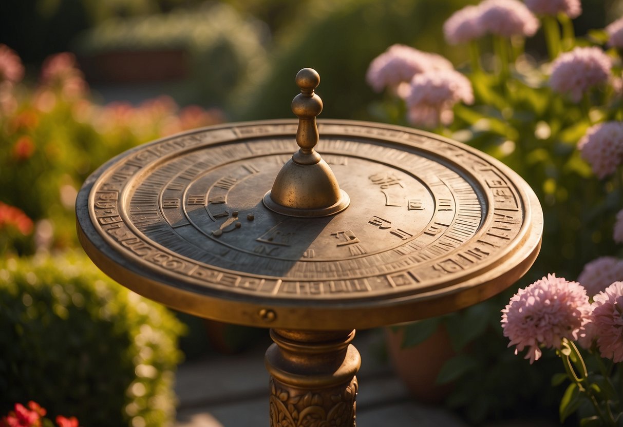 A sun dial stands in a lush Georgian garden, surrounded by manicured hedges and colorful flowers. The sun casts a warm glow over the scene, creating a peaceful and idyllic atmosphere