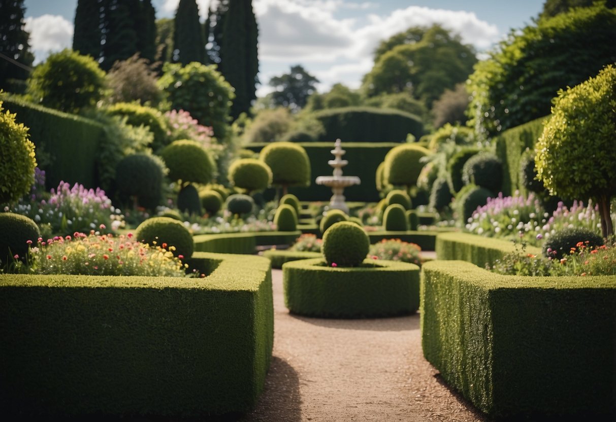 Lush greenery and colorful blooms fill the meticulously landscaped Georgian garden, with neatly trimmed hedges and symmetrical plantings creating a sense of order and elegance