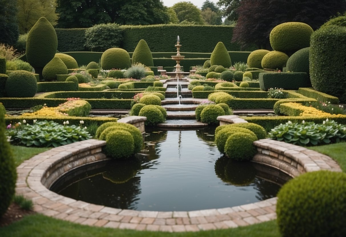 A serene Georgian garden with a central fountain, meandering stream, and lush water lilies. Surrounding the water features are neatly trimmed hedges, colorful flower beds, and elegant stone pathways