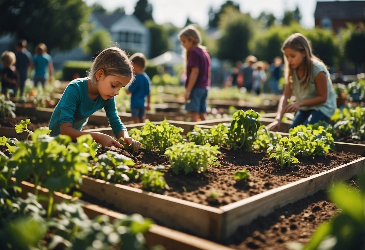 A school garden with raised vegetable beds, colorful plants, and children tending to the crops